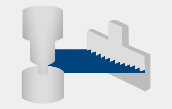 ⑤ Notching Process@The notching process involves cutting the electrode horizontally and creating V-shaped grooves, positive (+), and negative (-) tabs, completing the entire electrode process.